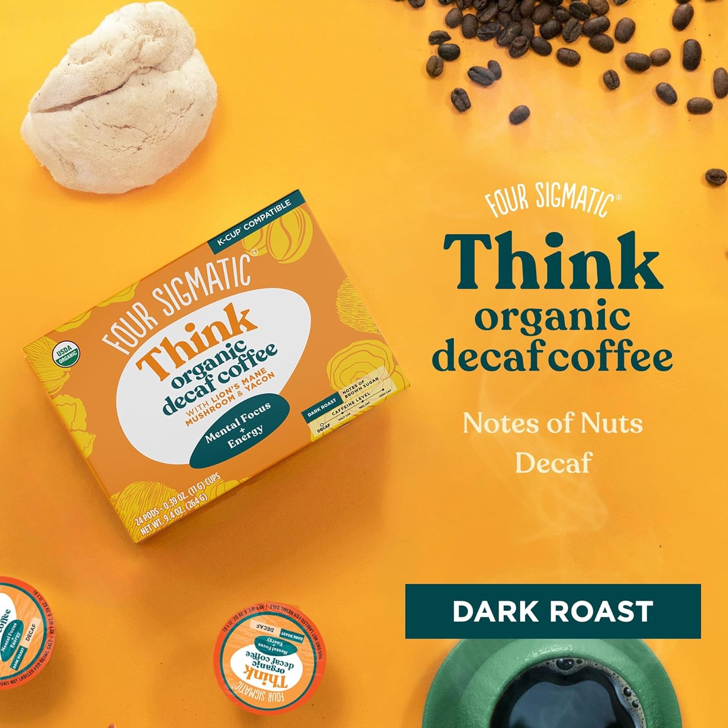 Decaf Mushroom Coffee K-Cups, Organic Fair Trade Dark Roast, Lion’s Mane & Yacon Coffee, Immune Support Coffee, Focus Enhancing Decaf Coffee