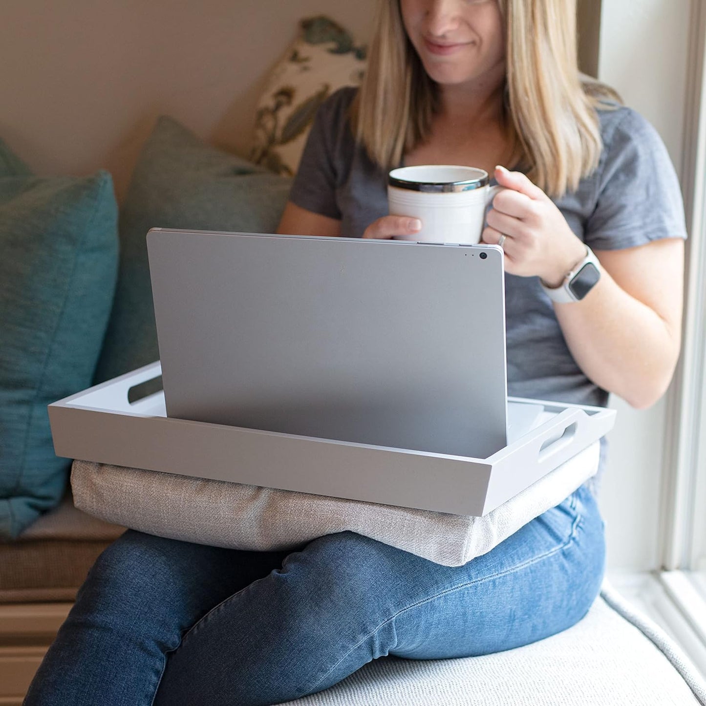 Wood Bed Tray Lap Desk with Detachable Cushion, Calming Gray Serving Tray, Fits 15.6-inch Laptops, Rossie Home Lap Desk