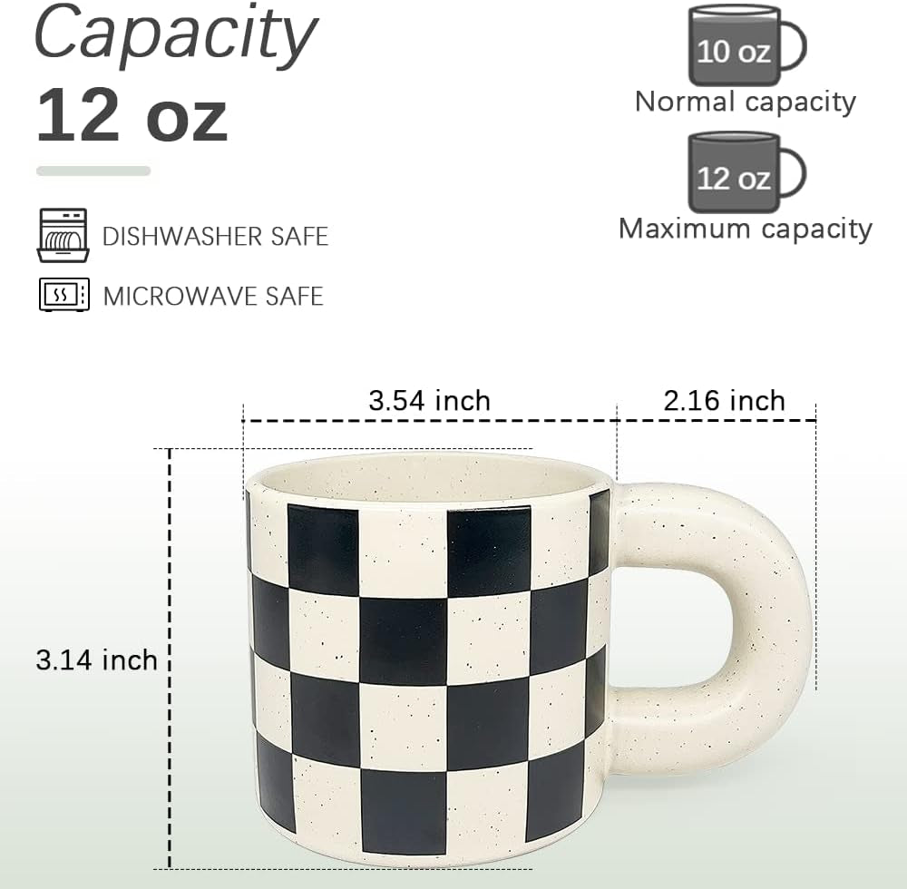 Ceramic coffee mug with checkerboard design, round handle mug, 12 oz ceramic tea cup, microwave safe coffee mug, dishwasher safe black and white mug, modern ceramic coffee cup, unique coffee gift mug, fat handle coffee mug.