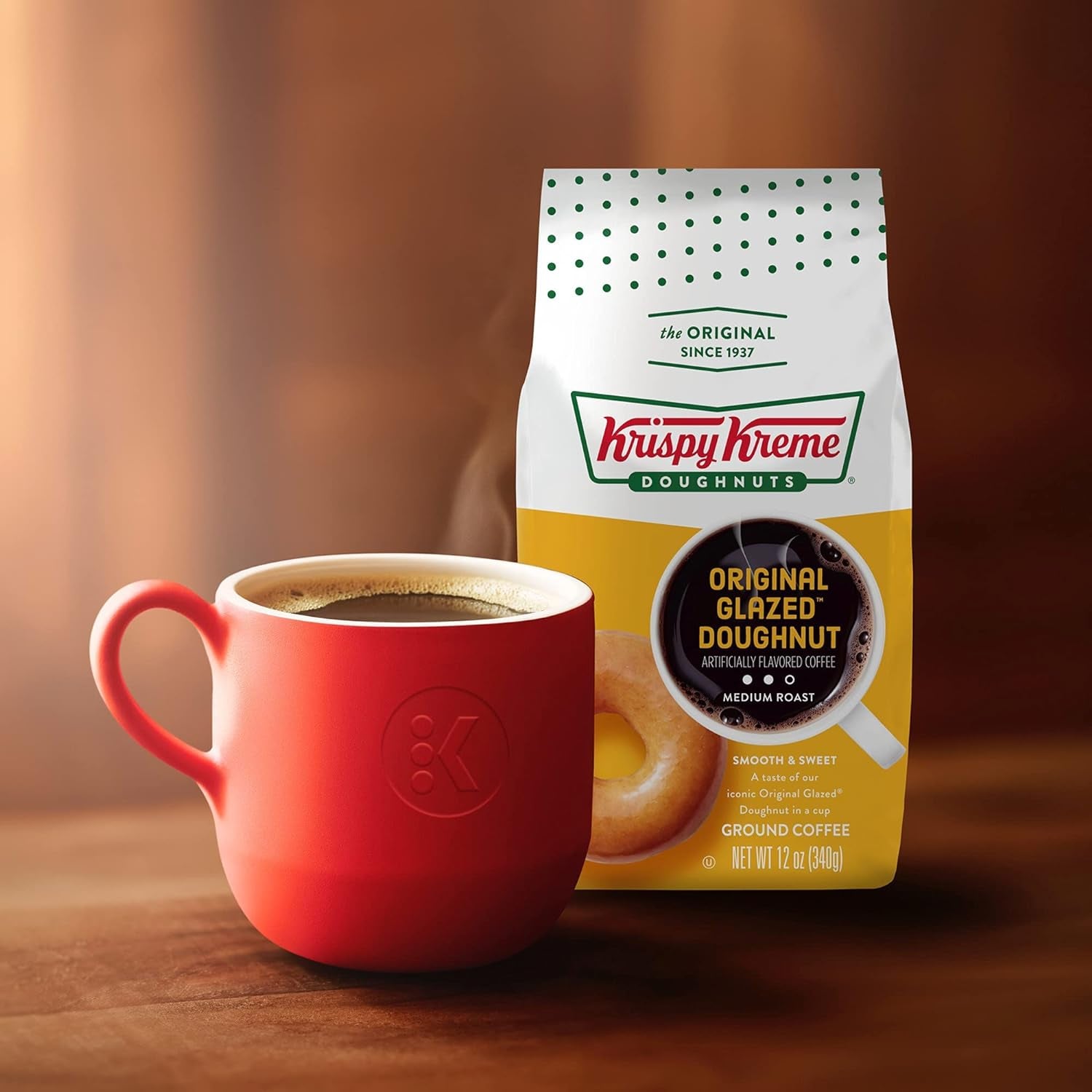 Original Glazed Donut Ground Coffee, medium roast, sweet and smooth flavor, 12 oz bag, Krispy Kreme coffee, iconic doughnut taste, kosher certified.