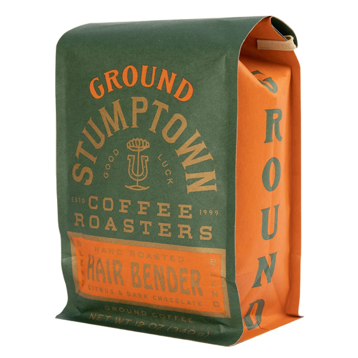 Stumptown Hair Bender Medium Roast Ground Coffee, 12 Oz Bag with flavor notes of citrus, dark chocolate, and raisin.