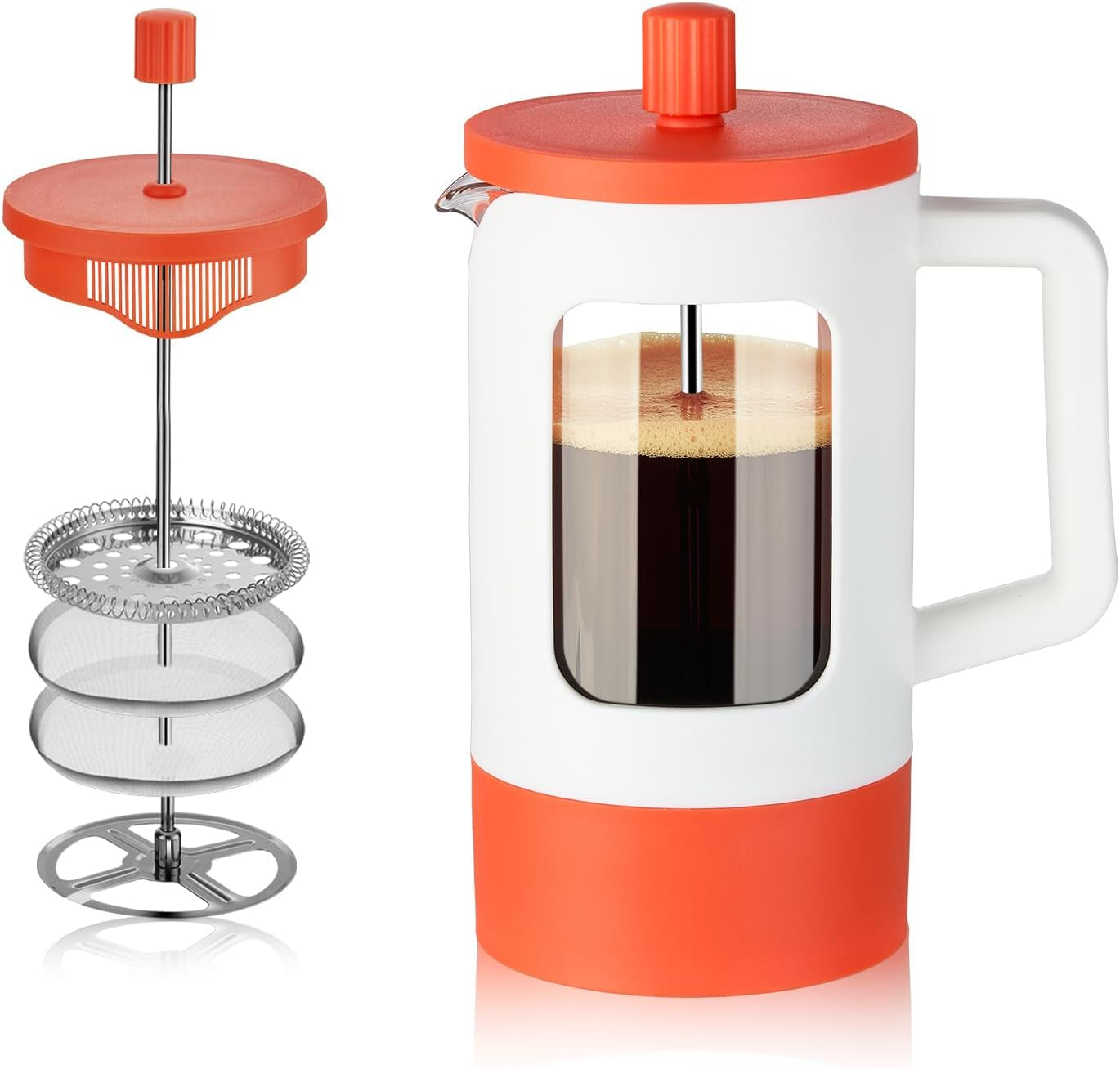 21Oz French Press Coffee Maker, 2 cup heat-resistant glass French press, 4-level filtration coffee maker, portable cold brew coffee press, white and orange French press