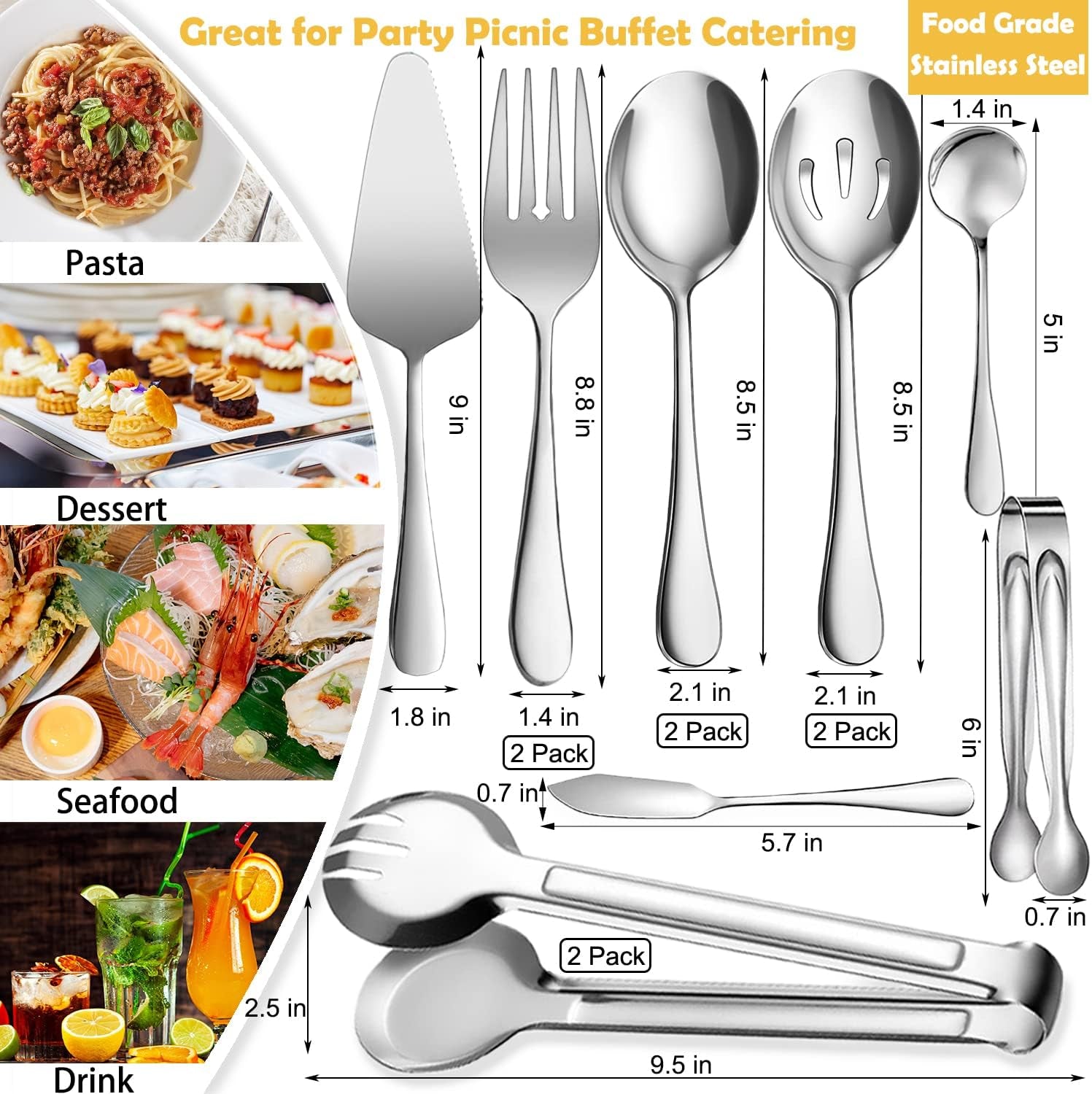 12 PCS Stainless Steel Serving Utensils Set, Silver Serving Utensils, Buffet Catering Utensils, Party Serving Set, Durable Serving Spoons and Forks