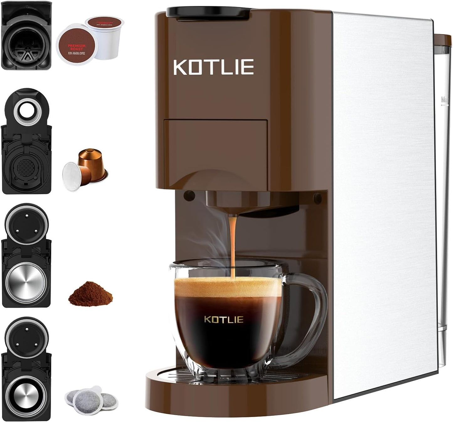 4-in-1 Espresso Machine, Single Serve Coffee Maker, Nespresso Compatible, K-Cup Coffee Machine, Ground Coffee Brewer, Illy ESE Pod Coffee Maker