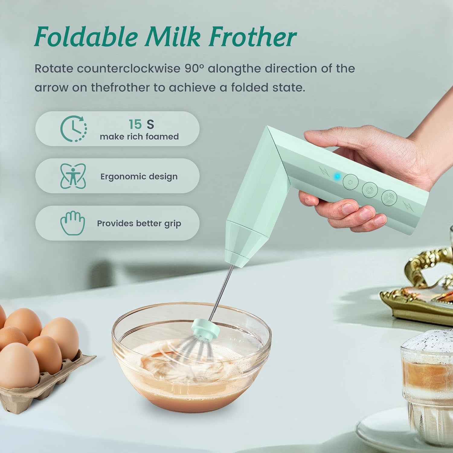 USB-C Rechargeable Handheld Milk Frother, Electric Drink Mixer with Charging Base, Milk Frother with 3 Speed Adjustable, Foldable Milk Frother with Stand, Green Electric Whisk Drink Mixer, Milk Frother for Coffee, Almond Milk Frother, Soy Milk Frother