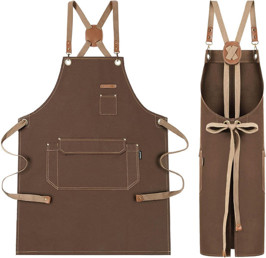 Chef Apron with Cross Back Straps, Cotton Canvas Apron, Artists Apron, Cooking Apron, Brown Apron, Water-resistant Apron, Adjustable Apron