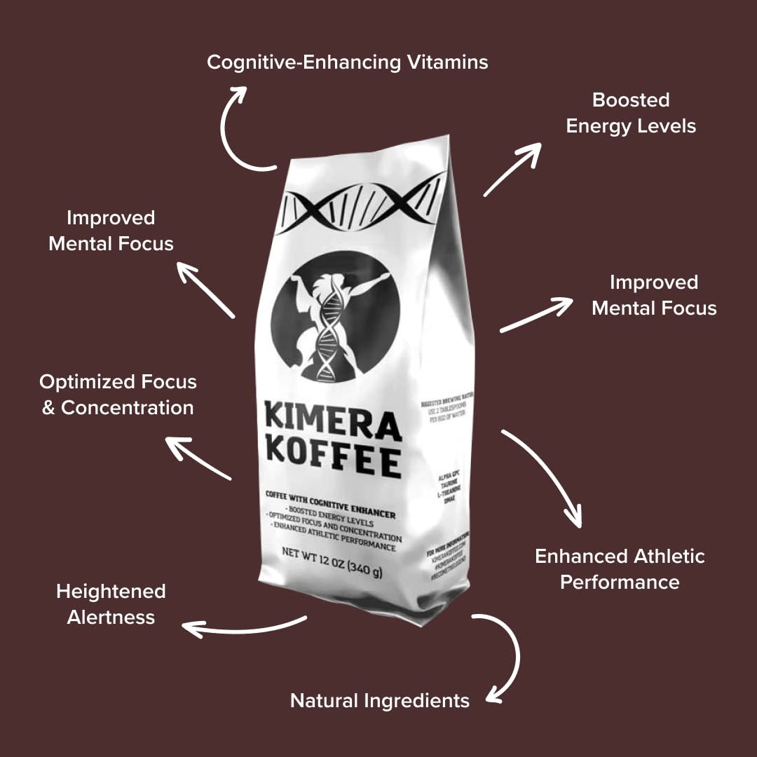 Kimera Koffee Original Blend, Organic Medium Roast Ground Coffee, 12Oz, vitamin-infused with Taurine, Alpha GPC, DMAE, L-Theanine, designed for cognitive support and athletic performance.