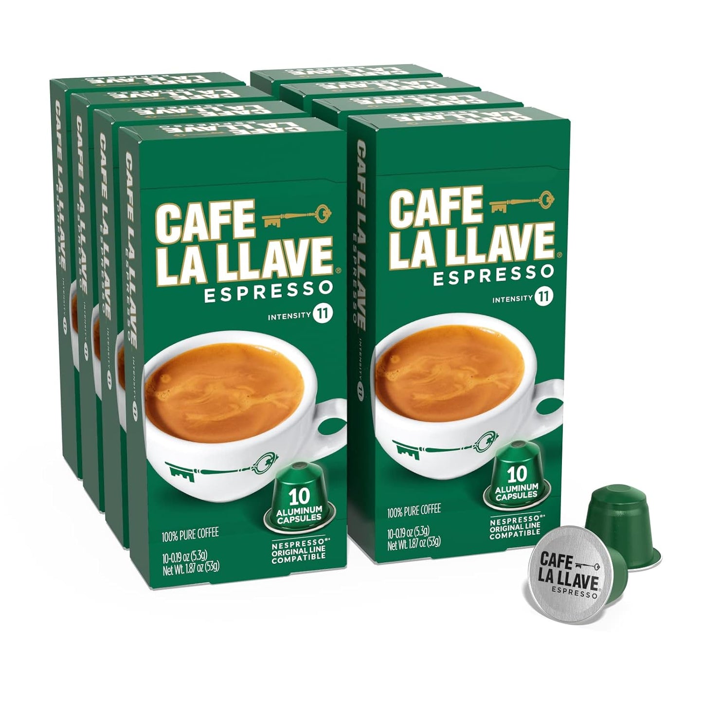 Espresso Capsules, Aluminum Recyclable Pods, Intensity 11 Espresso, Nespresso Compatible Capsules, Café La Llave Coffee Pods