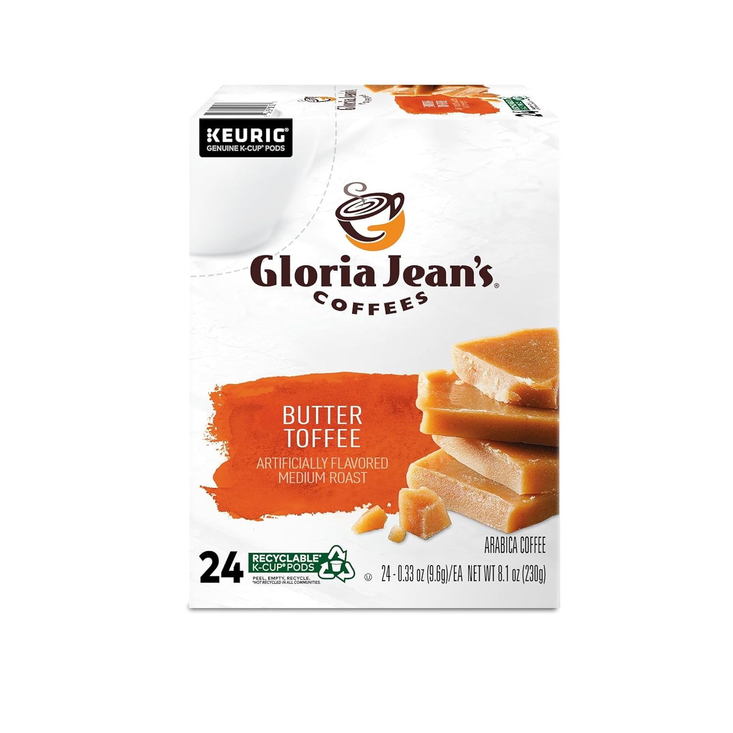  Butter Toffee K-Cup Pods, Medium Roast Coffee, 96 Count (4 Packs of 24), Gloria Jean’s Coffees