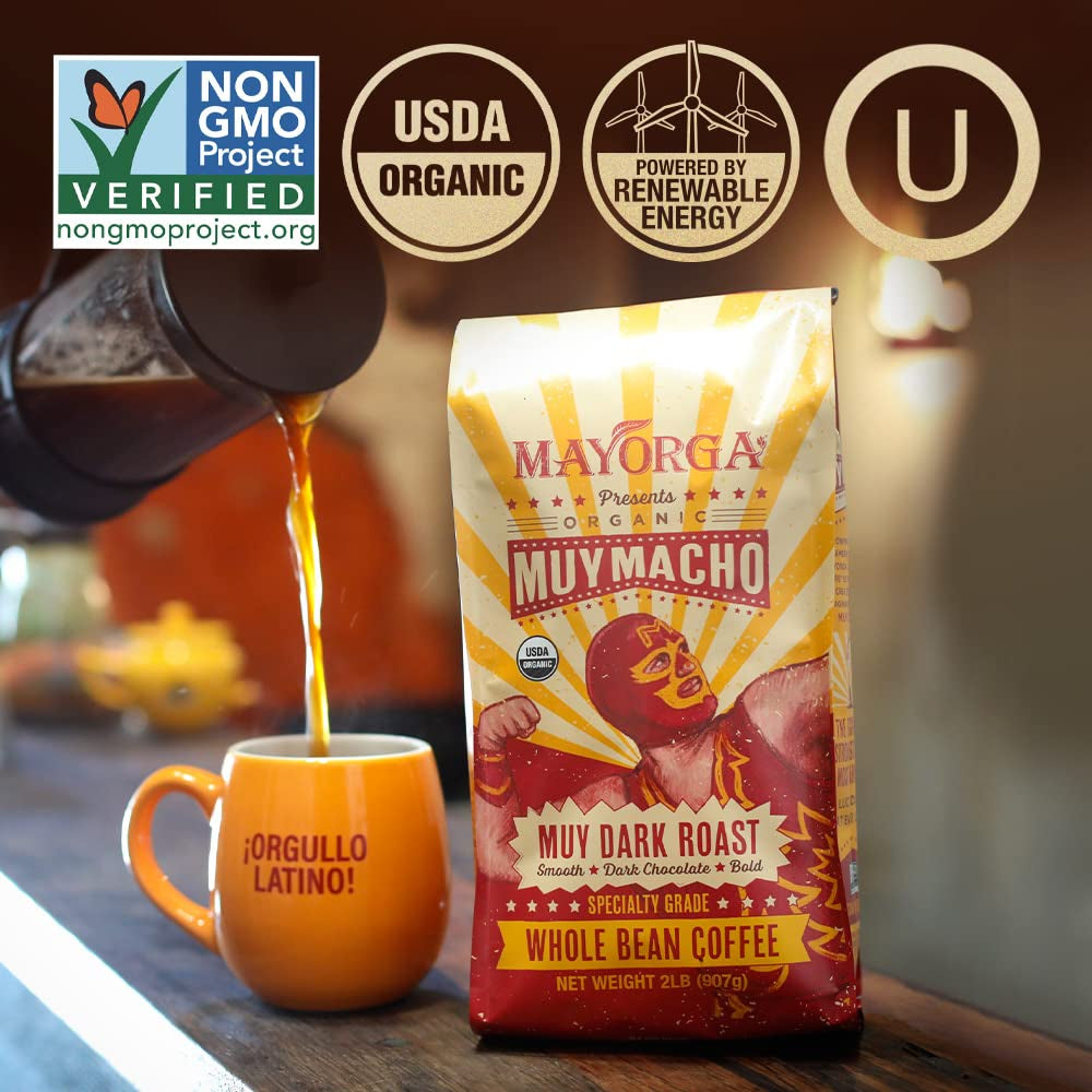 Intense dark roast coffee beans, Muy Macho blend coffee, organic Arabica whole beans, bold flavor coffee, Mayorga coffee 2 lb bag, specialty grade dark roast, direct trade coffee, non-GMO coffee beans.