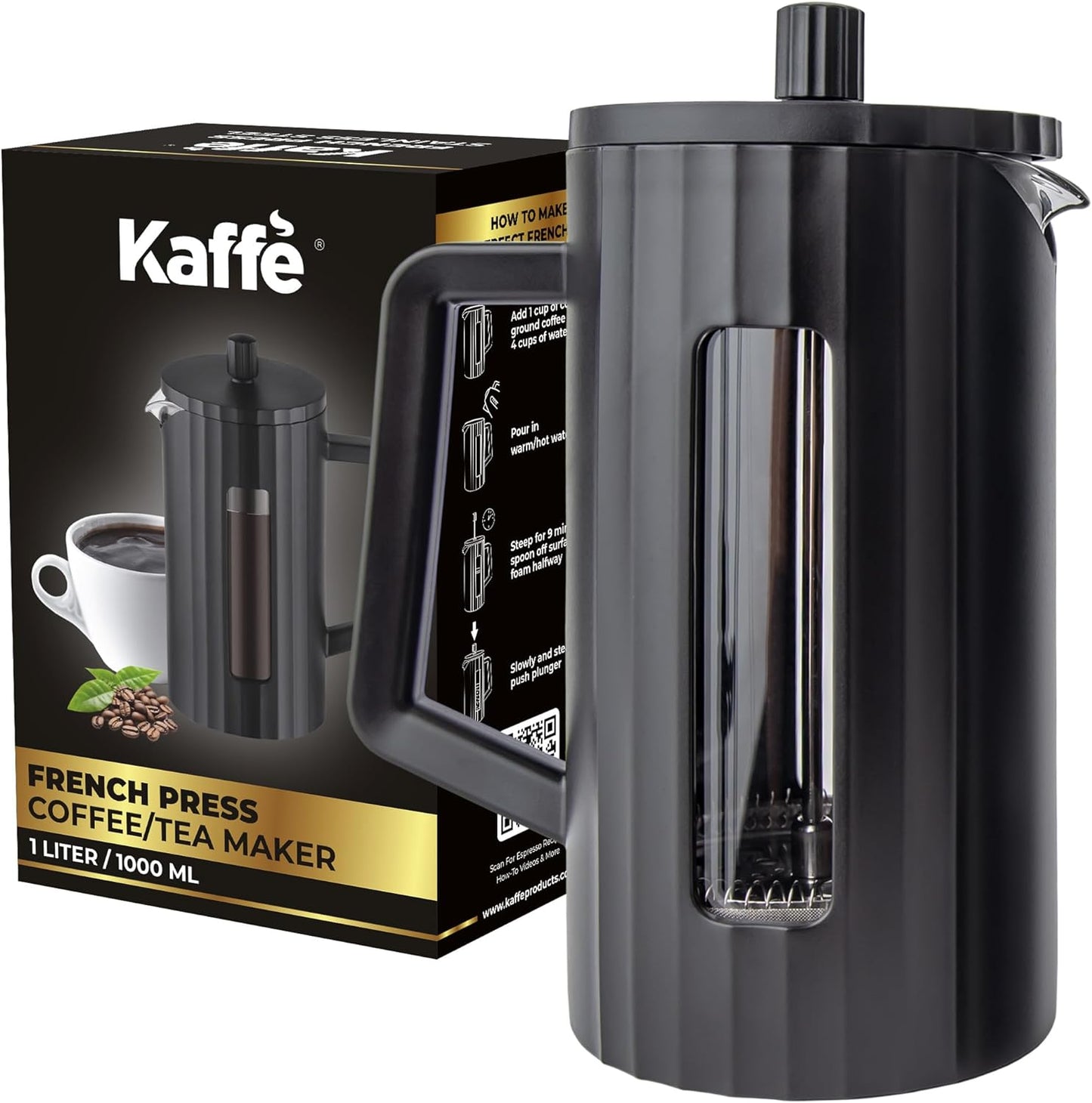 Kaffe French Press Coffee Maker, 34oz borosilicate glass coffee press, BPA-free French press, matte black coffee maker, travel and camping coffee press