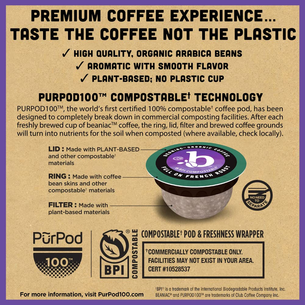 Organic dark roast coffee pods, compostable K-Cup pods, Keurig compatible coffee, Arabica coffee, eco-friendly coffee pods, French roast pods, 72 count organic coffee, dark roast compostable pods.