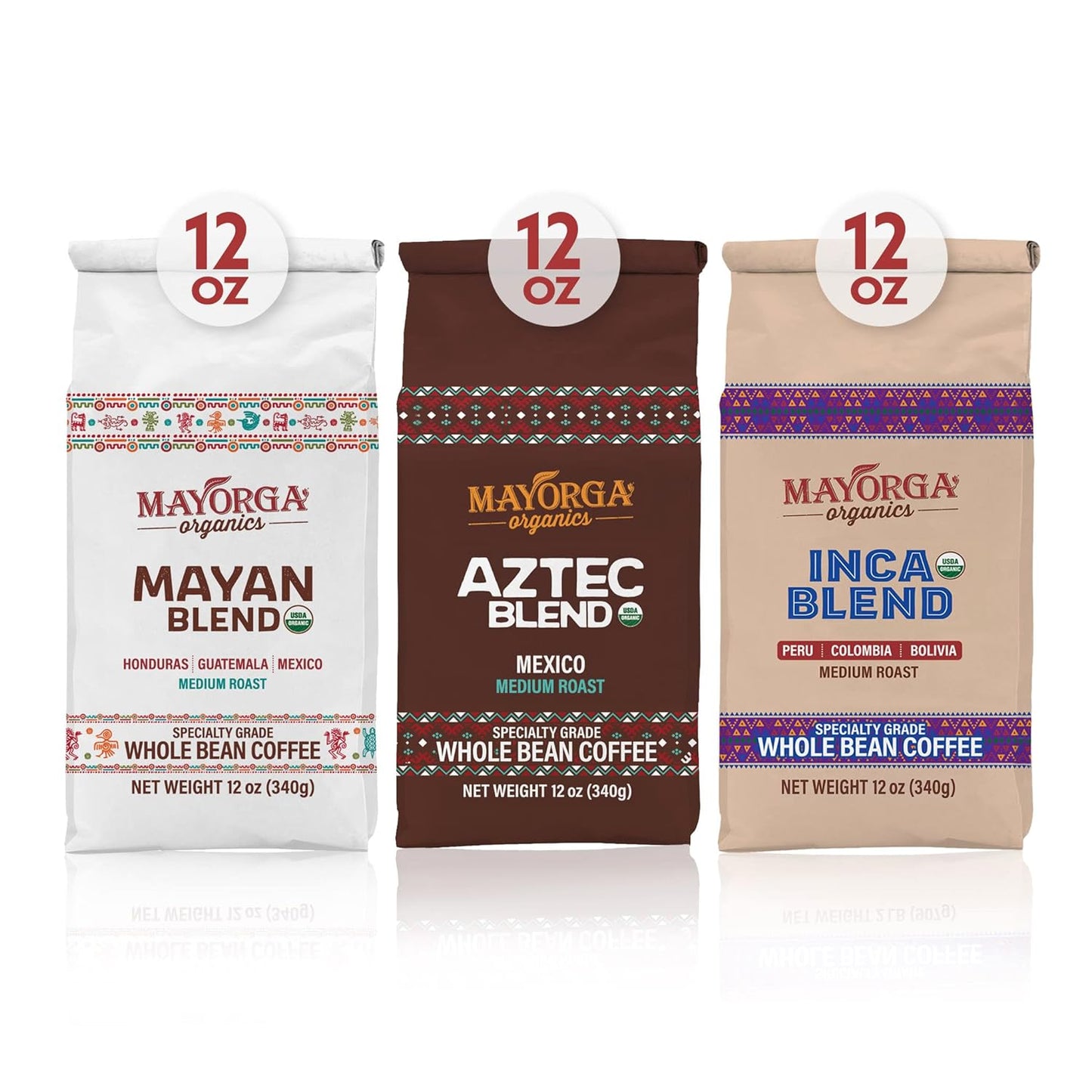 Coffee gift pack, medium roast coffee sampler, Mayan blend, Aztec blend, Inca blend, organic whole bean coffee, 100% Arabica, specialty grade coffee, non-GMO, direct trade coffee, sustainable coffee gift pack.