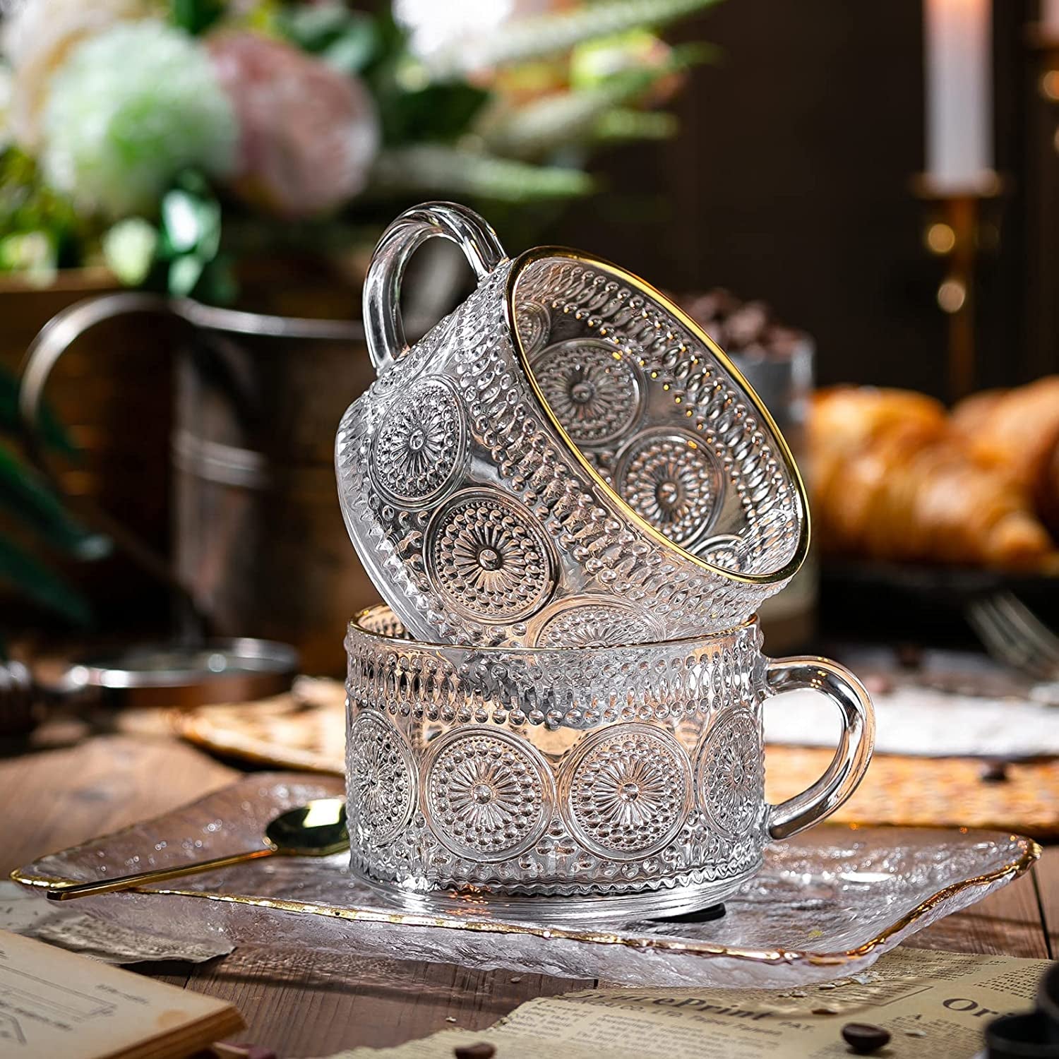 Vintage Glass Coffee Mug Set with Saucer and Spoon, Clear Embossed Coffee Cups, 14 Oz Coffee Mug, Elegant Tea and Breakfast Cups