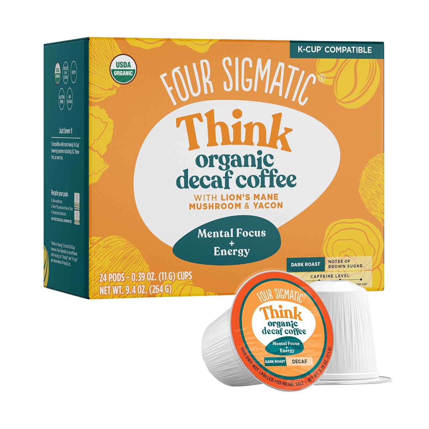 Decaf Mushroom Coffee K-Cups, Organic Fair Trade Dark Roast, Lion’s Mane & Yacon Coffee, Immune Support Coffee, Focus Enhancing Decaf Coffee