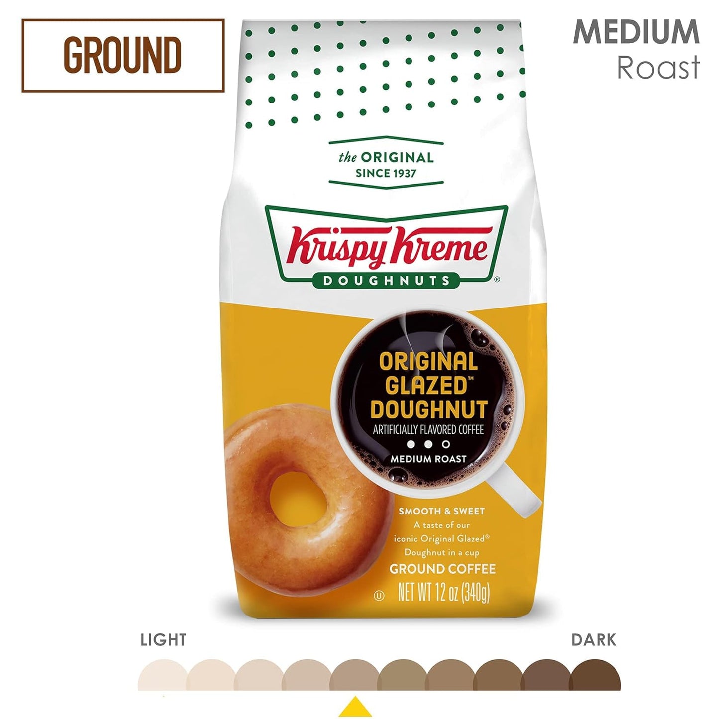 Original Glazed Donut Ground Coffee, medium roast, sweet and smooth flavor, 12 oz bag, Krispy Kreme coffee, iconic doughnut taste, kosher certified.