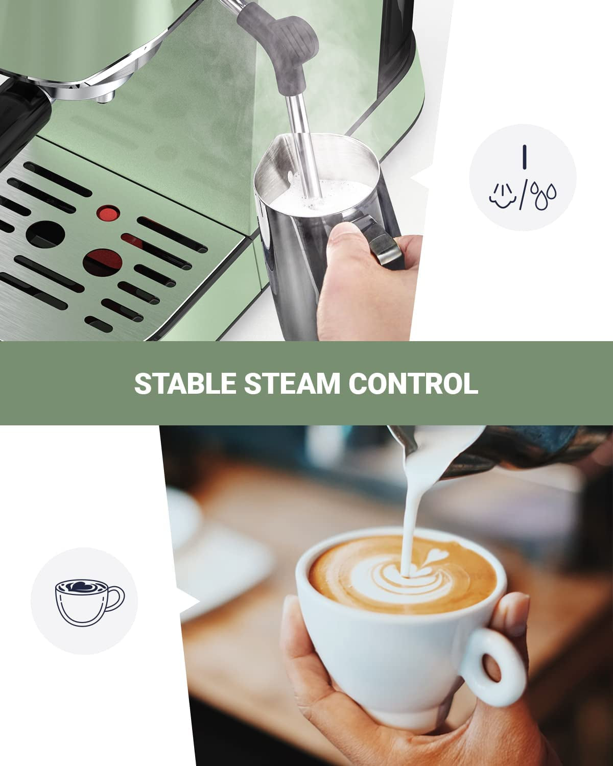 Espresso Machine, 20 Bar Espresso Maker, Milk Frother Steam Wand, Home Coffee Machine, Latte Cappuccino Maker, Pear White, Stainless Steel