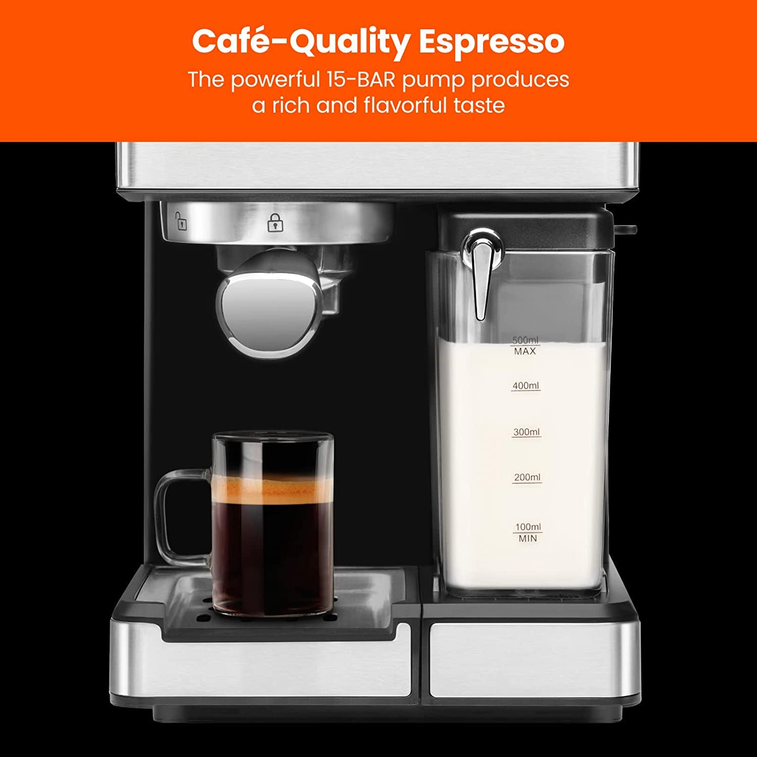 6-In-1 Espresso Machine, Milk Frother, 15-BAR Pump, Digital Display, One-Touch Espresso Maker, Cappuccino Latte Maker, Stainless Steel Espresso Machine