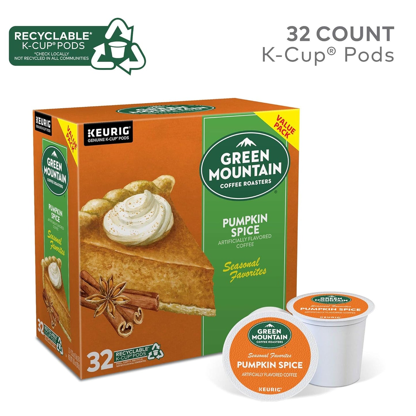 Green Mountain Pumpkin Spice K-Cup pods, 32 count, light roast coffee with cinnamon and nutmeg flavors, compatible with Keurig coffee makers.






