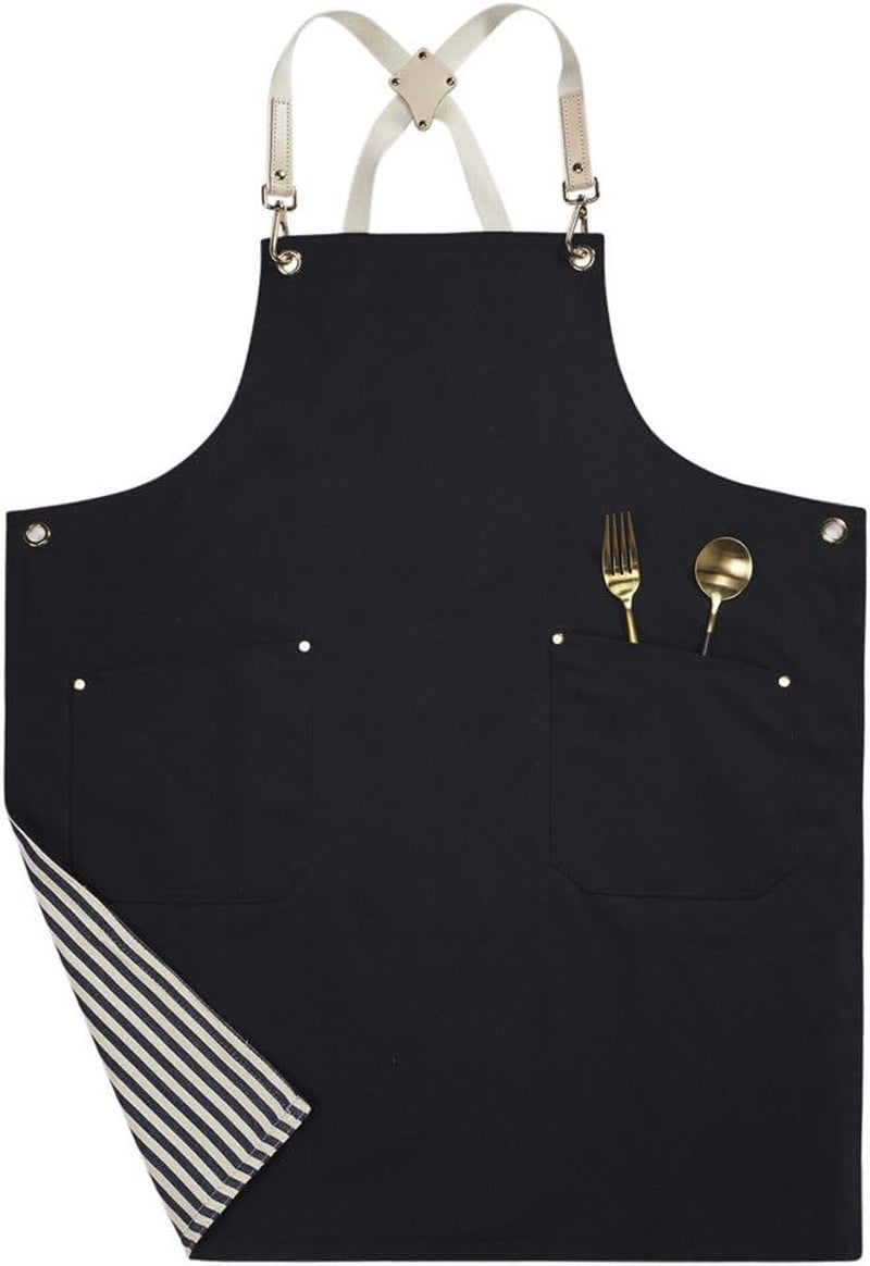 Double-Sided Cotton Canvas Apron with Pocket and Cross-Back Straps, Adjustable Cotton Apron for Men and Women