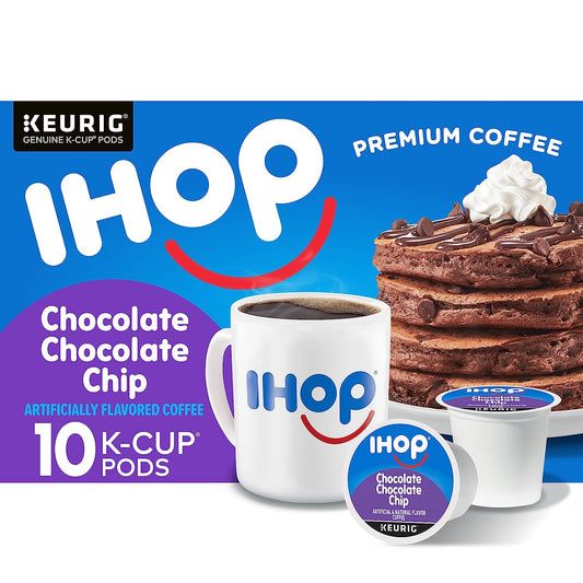 IHOP Chocolate Chip Keurig K-Cup Coffee Pods, IHOP coffee pods 10 count box, chocolate chip flavored coffee pods, IHOP chocolate coffee, recyclable coffee pods, premium Arabica coffee pods, IHOP pancake inspired coffee, single-serve Keurig coffee pods, Kosher certified coffee pods, IHOP menu-inspired coffee