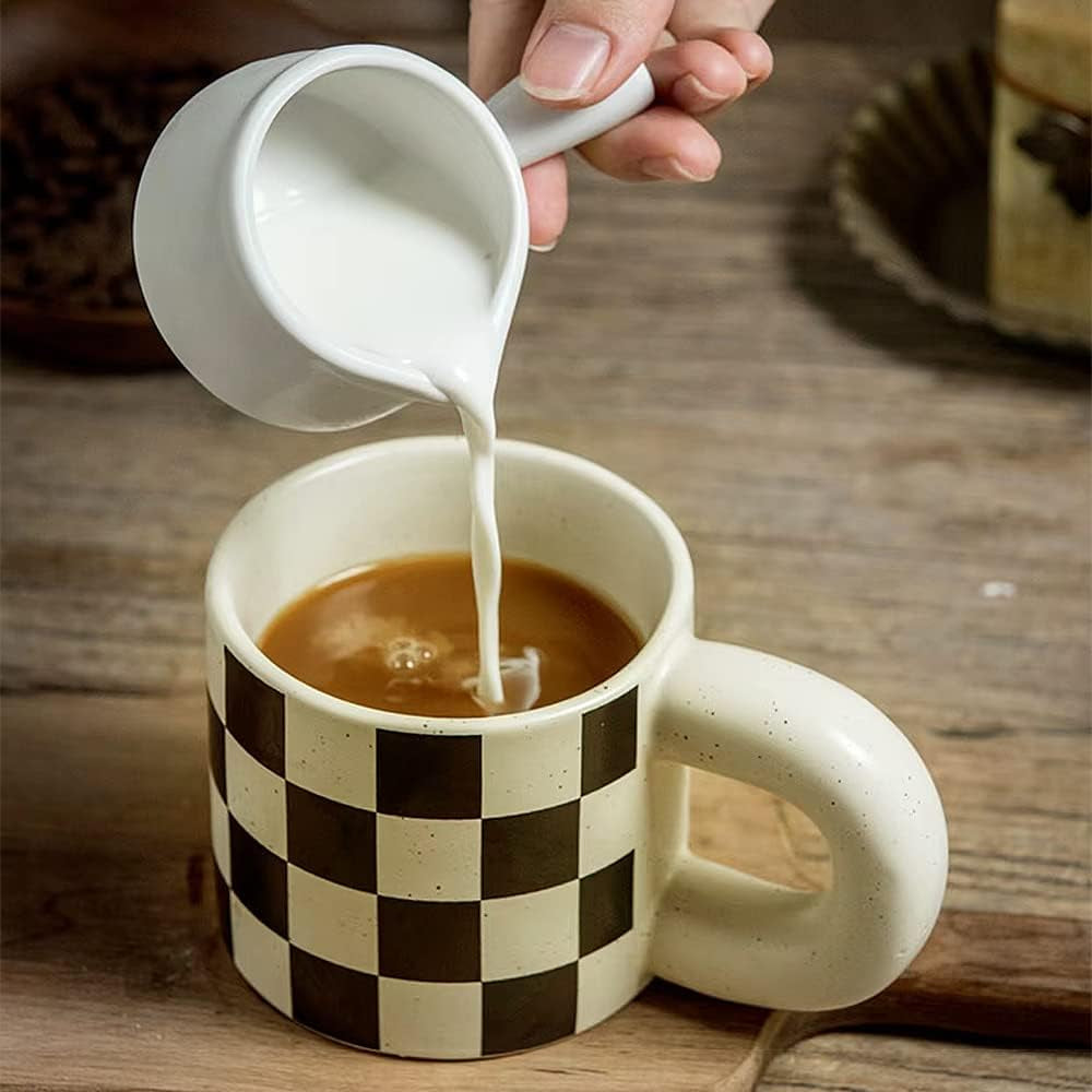 Ceramic coffee mug with checkerboard design, round handle mug, 12 oz ceramic tea cup, microwave safe coffee mug, dishwasher safe black and white mug, modern ceramic coffee cup, unique coffee gift mug, fat handle coffee mug.