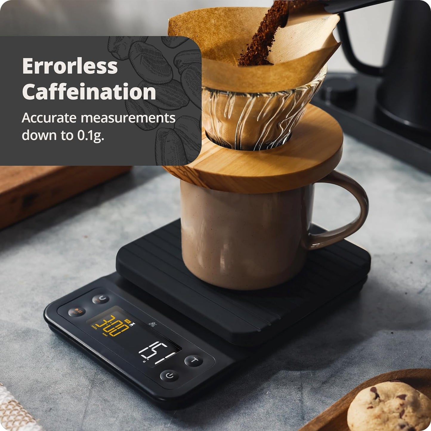 Digital coffee scale with timer in onyx black, perfect for pour-over coffee, featuring real-time refresh, tare function, and spill-proof design.