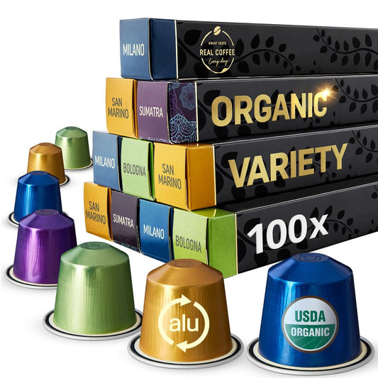 Organic espresso pods variety pack, Fairtrade Nespresso compatible capsules, aluminum coffee pods for original line Nespresso machines, 100 USDA organic espresso capsules, Italian espresso and lungo coffee pods.