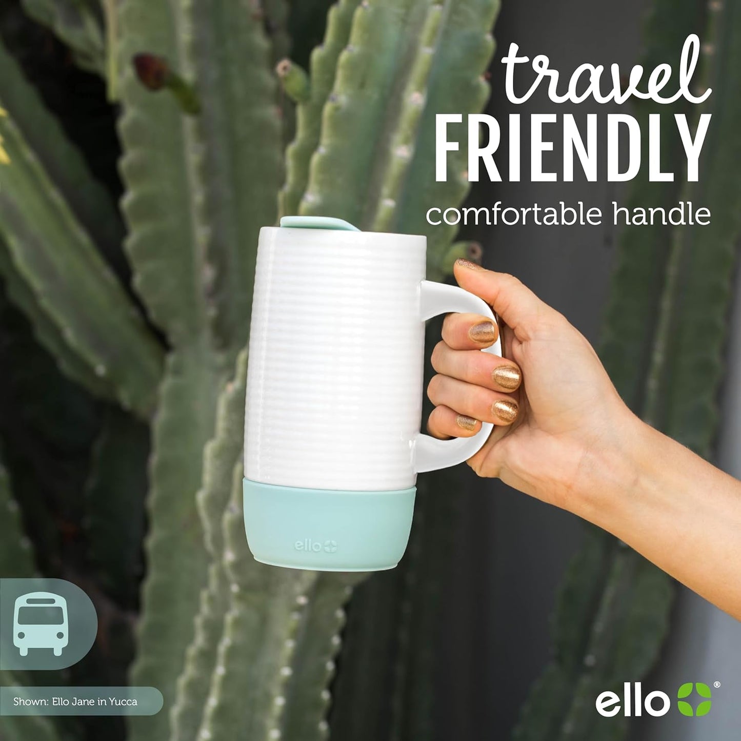 ceramic travel mug, 18oz travel mug with handle, splash-resistant travel mug, modern midnight ceramic mug, Ello Jane travel mug, BPA-free travel mug, dishwasher safe ceramic mug, built-in coaster mug