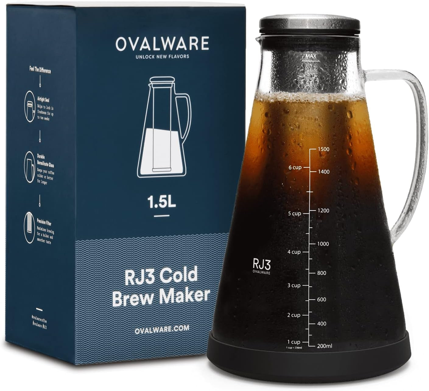 cold brew coffee maker, iced coffee pitcher, glass carafe with spout, 1.5L cold brew maker, stainless steel filter, airtight coffee maker, homemade iced coffee, durable glass coffee carafe, BPA-free coffee pitcher, easy clean coffee maker