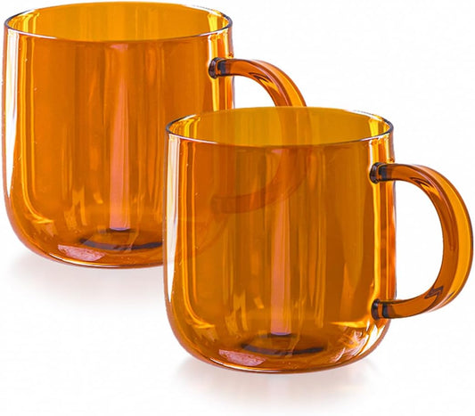 Amber glass mug, versatile glass mug, amber coffee mug, elegant amber drinkware, hot and cold beverage mug, dishwasher-safe glass mug, stylish glass mug, durable glass mug