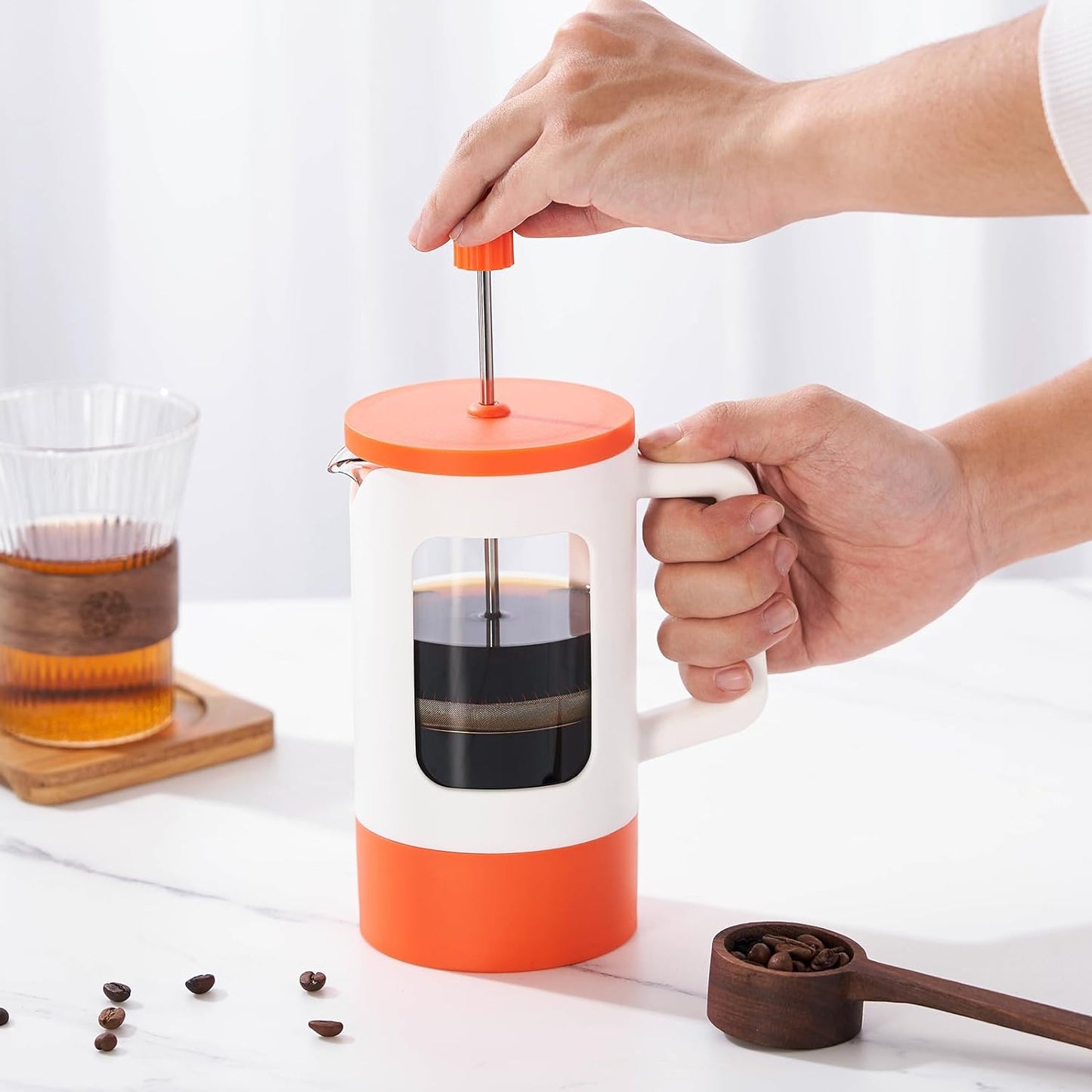 21Oz French Press Coffee Maker, 2 cup heat-resistant glass French press, 4-level filtration coffee maker, portable cold brew coffee press, white and orange French press