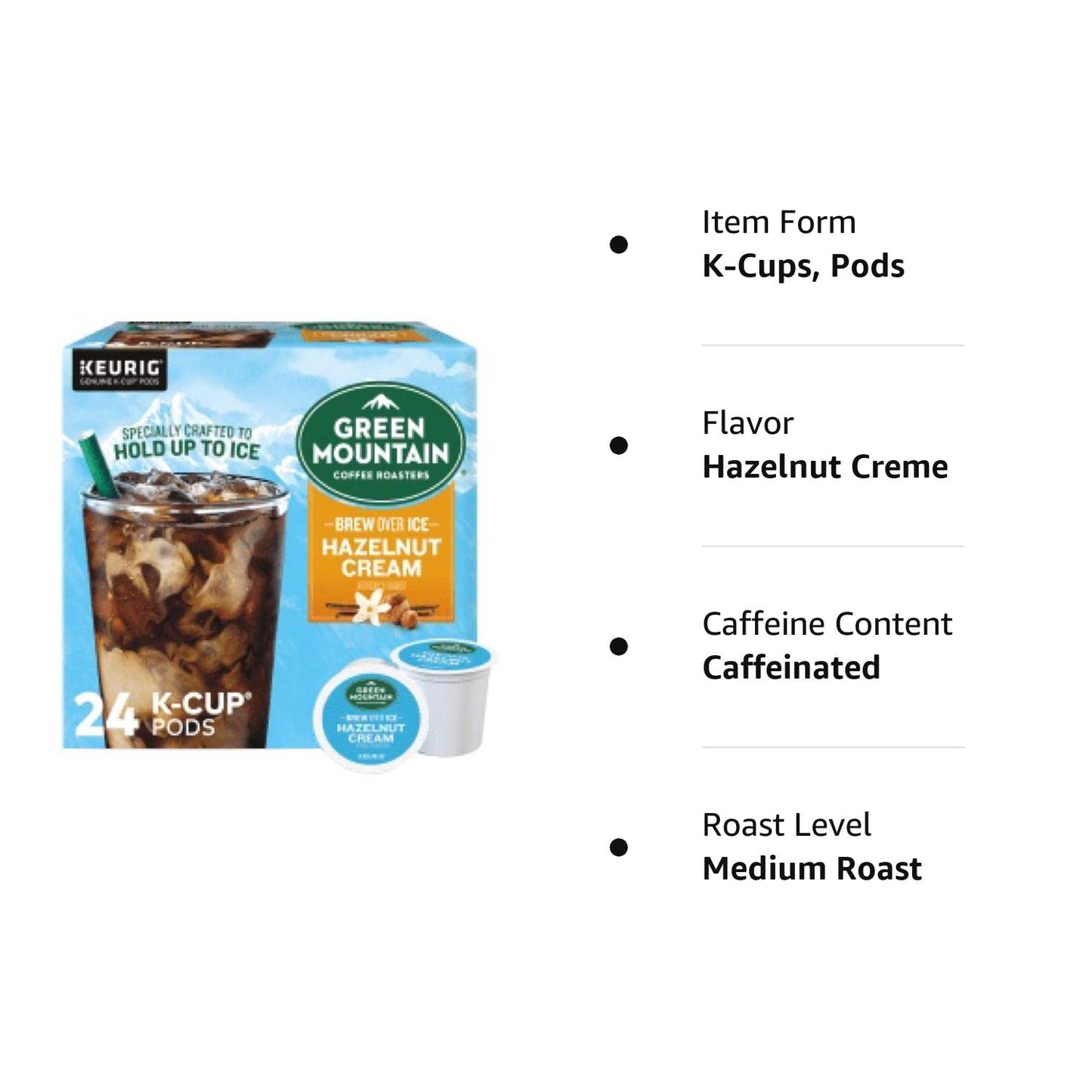 Green Mountain Brew Over Ice Hazelnut Cream Iced Coffee K-Cups, 24 count, medium roast, Keurig compatible.