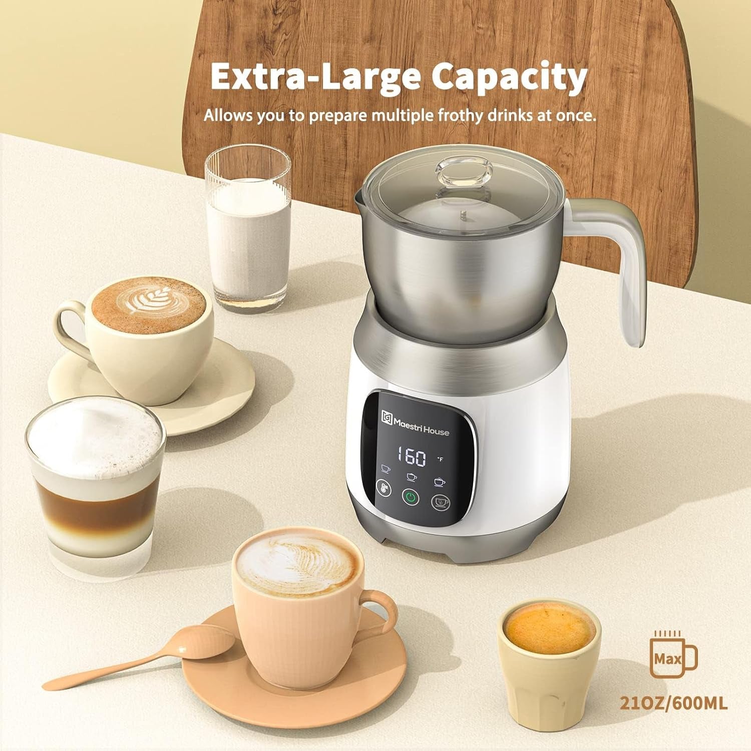 Milk Frother with Variable Temp and Froth Thickness, 21OZ/600ML Smart Touch Control Milk Warmer, Dishwasher Safe, Memory Function for Latte, Cappuccino, Hot Chocolate