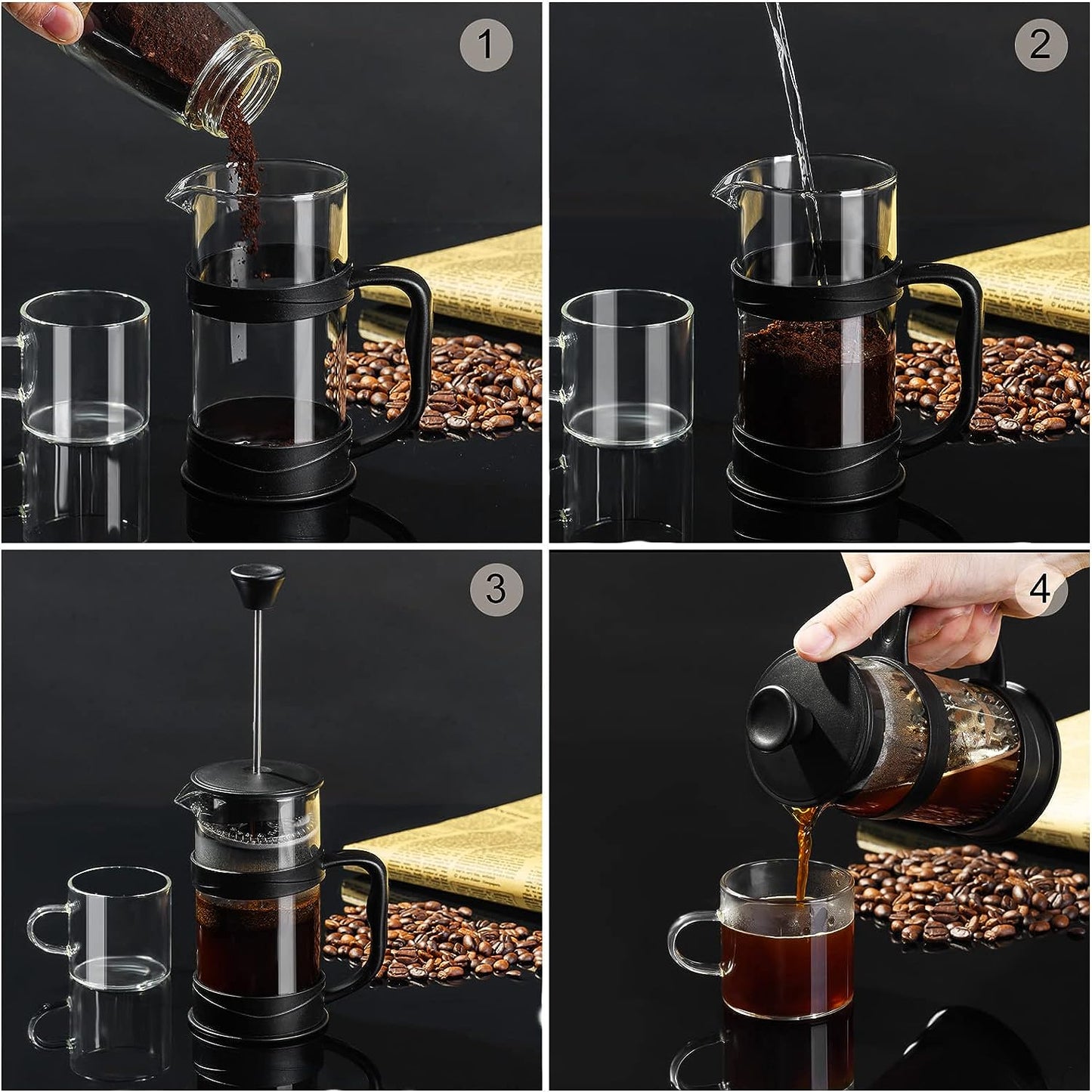 French Press Coffee Maker 11.8oz, Mini Camping Coffee Press, Heat Resistant Glass French Press, Stainless Steel Filter Coffee Press, Portable French Press, Coffee and Tea Maker, Easy Clean French Press, Dishwasher Safe Coffee Press