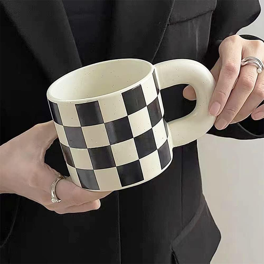 Ceramic coffee mug with checkerboard design, round handle mug, 12 oz ceramic tea cup, microwave safe coffee mug, dishwasher safe black and white mug, modern ceramic coffee cup, unique coffee gift mug, fat handle coffee mug.