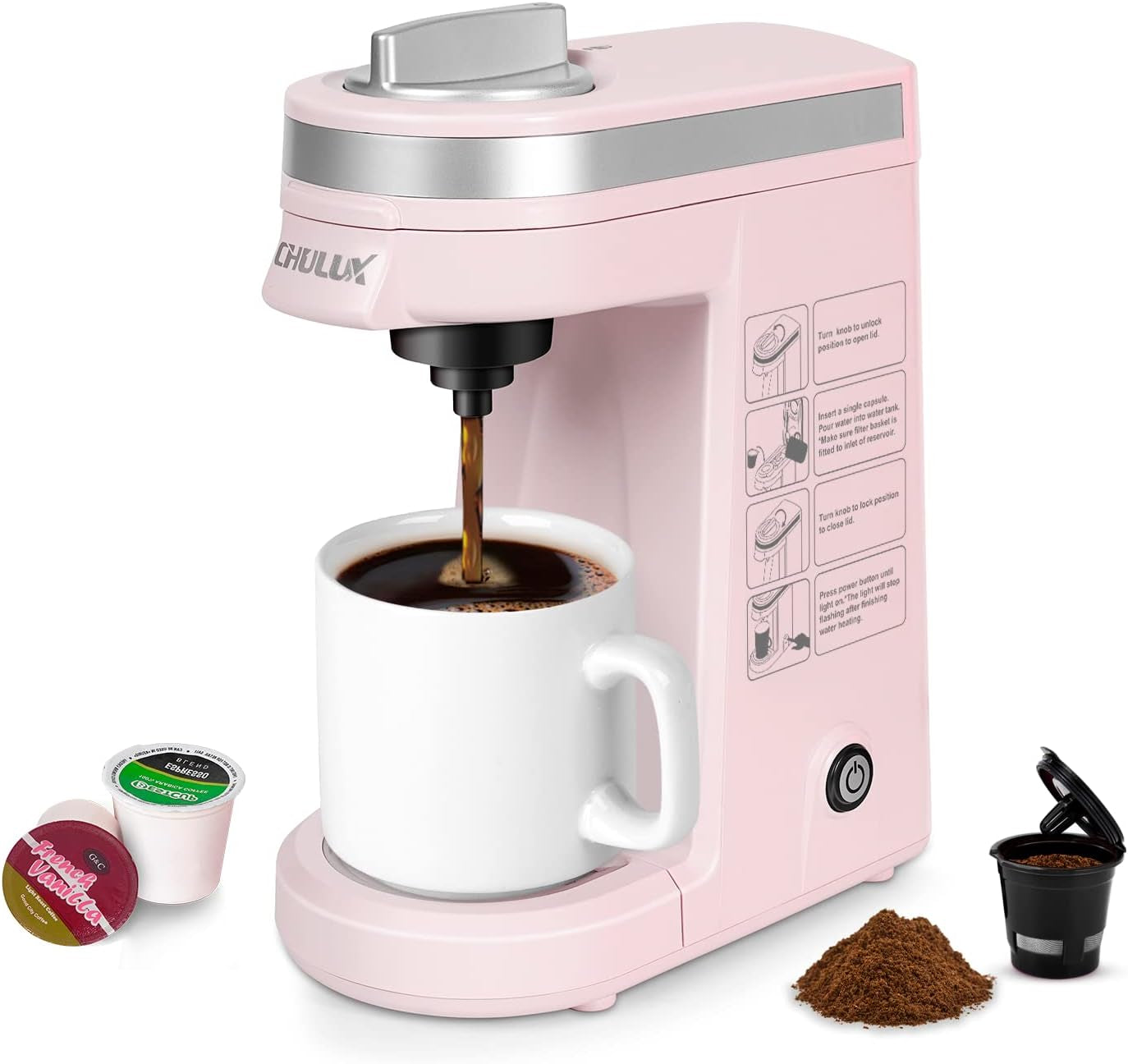 Single Serve Coffee Maker, Pink Coffee Maker, Reusable Filter Coffee Brewer, Compact Coffee Machine, K Pod Coffee Maker