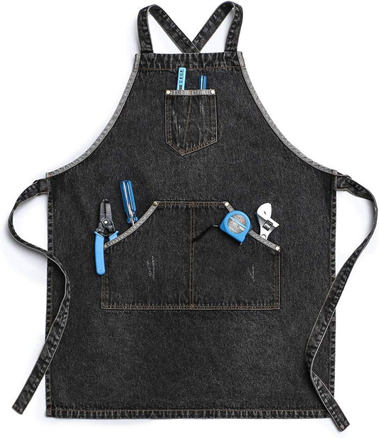 Cotton Denim Apron, Adjustable Cross Back Apron, Hairstylist Apron with Pockets, Professional Apron for Men and Women