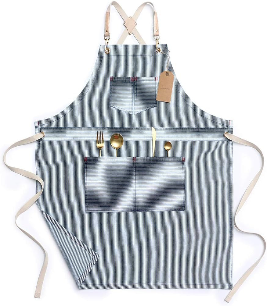 Blue Striped Denim Apron, Cross Back Adjustable Apron, Unisex Apron with Pockets, Barista Chef Barber Painter Gardener Apron, Jeanerlor Apron