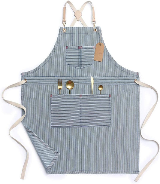 Blue Striped Denim Apron, Cross Back Adjustable Apron, Unisex Apron with Pockets, Barista Chef Barber Painter Gardener Apron, Jeanerlor Apron