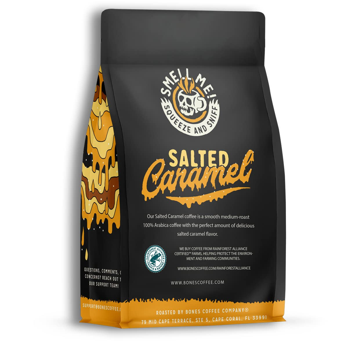 Salted Caramel Flavored Ground Coffee, medium roast, sweet and salty flavor, 12 oz bag, low acid, vegan and keto friendly, Bones Coffee Company.