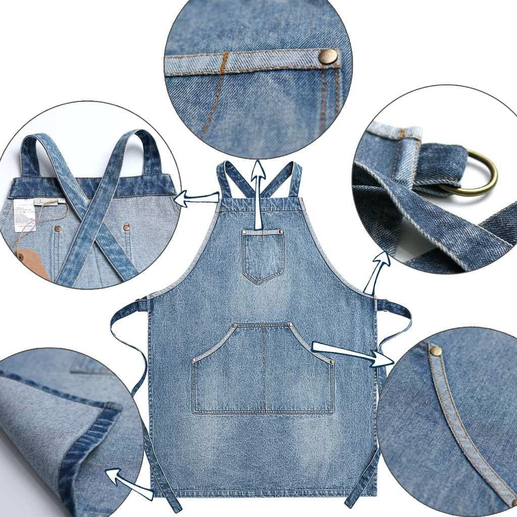 Cotton Denim Apron, Adjustable Cross Back Apron, Barista Apron with Pockets, Professional Apron for Men and Women