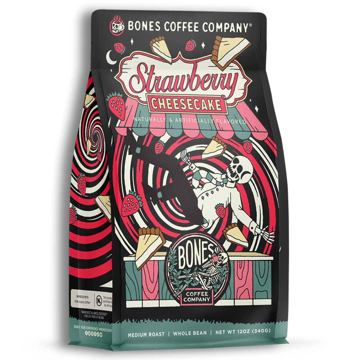 Strawberry Cheesecake Coffee Beans, low acid, dark roast, Arabica, gourmet coffee, vegan friendly, keto friendly, 12 oz bag, fresh strawberry flavor, artisan roasted, sweet aroma.