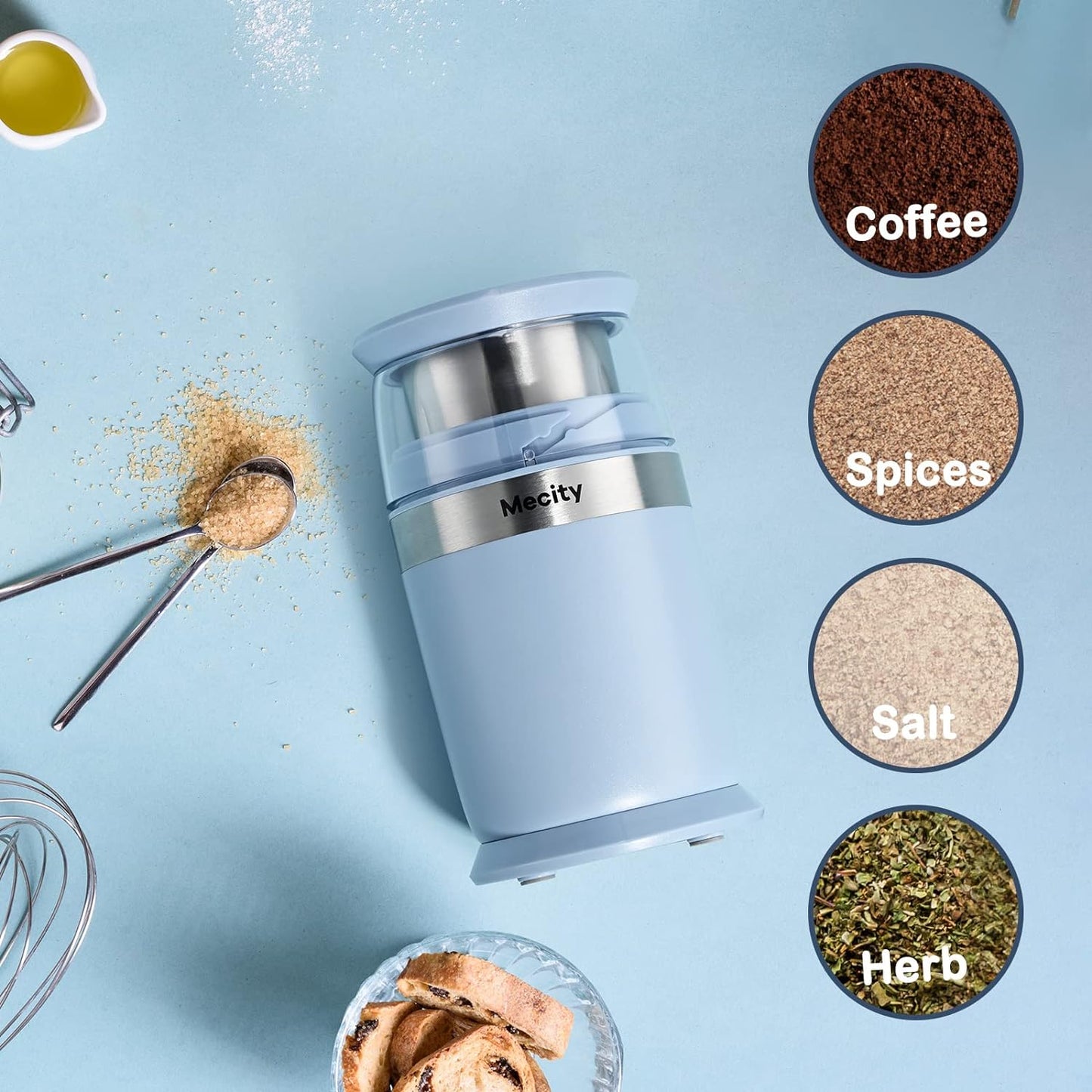 Electric coffee grinder with stainless steel bowl, 6-blade coffee grinder, fast coffee grinder, versatile coffee grinder for spices, safe coffee grinder with auto shut-off, easy cleanup coffee grinder, compact coffee grinder with cord storage