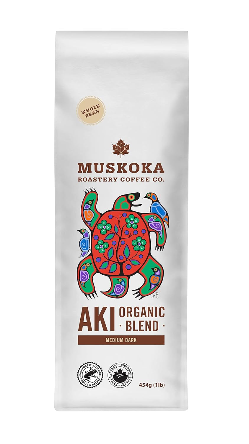 Muskoka Roastery Aki Organic Blend, medium dark roast coffee, organic whole bean coffee, cocoa toffee caramel flavor, Rainforest Alliance certified, Canadian roasted coffee, 100% Arabica, sustainable coffee, Kosher coffee.