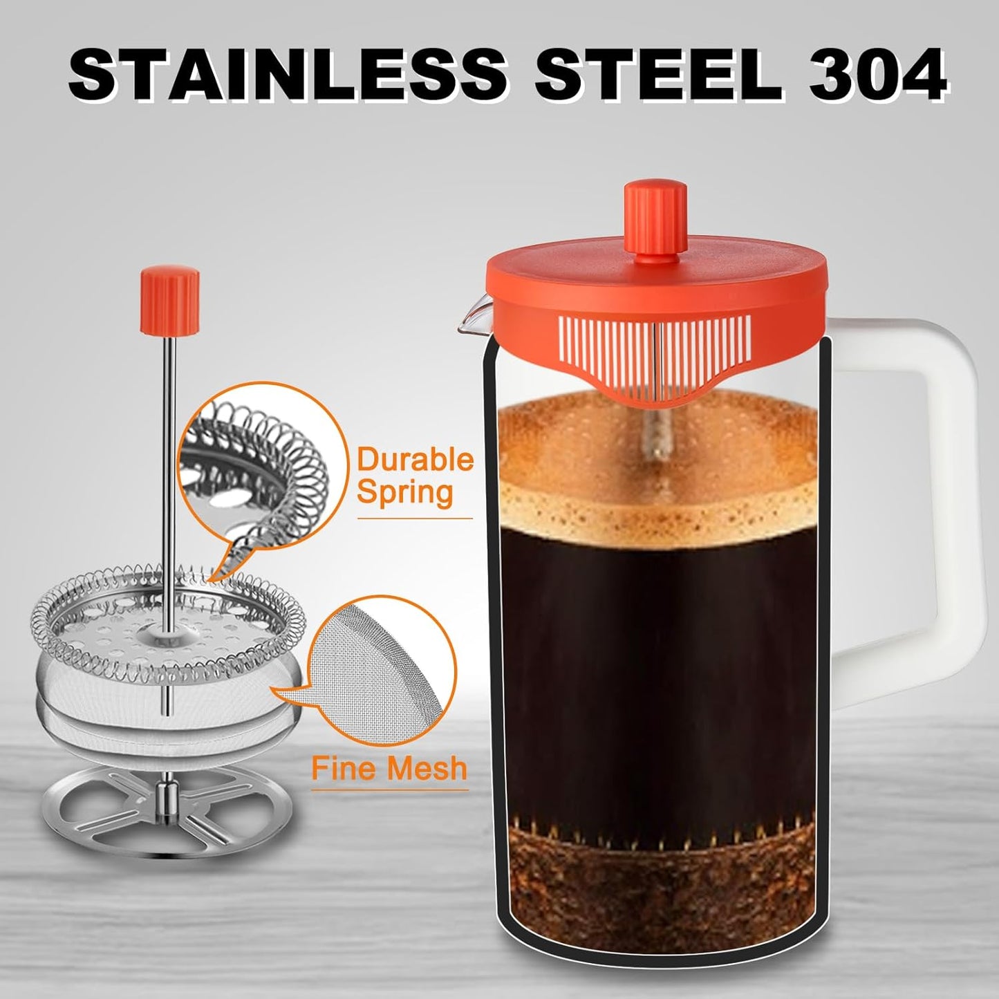 21Oz French Press Coffee Maker, 2 cup heat-resistant glass French press, 4-level filtration coffee maker, portable cold brew coffee press, white and orange French press