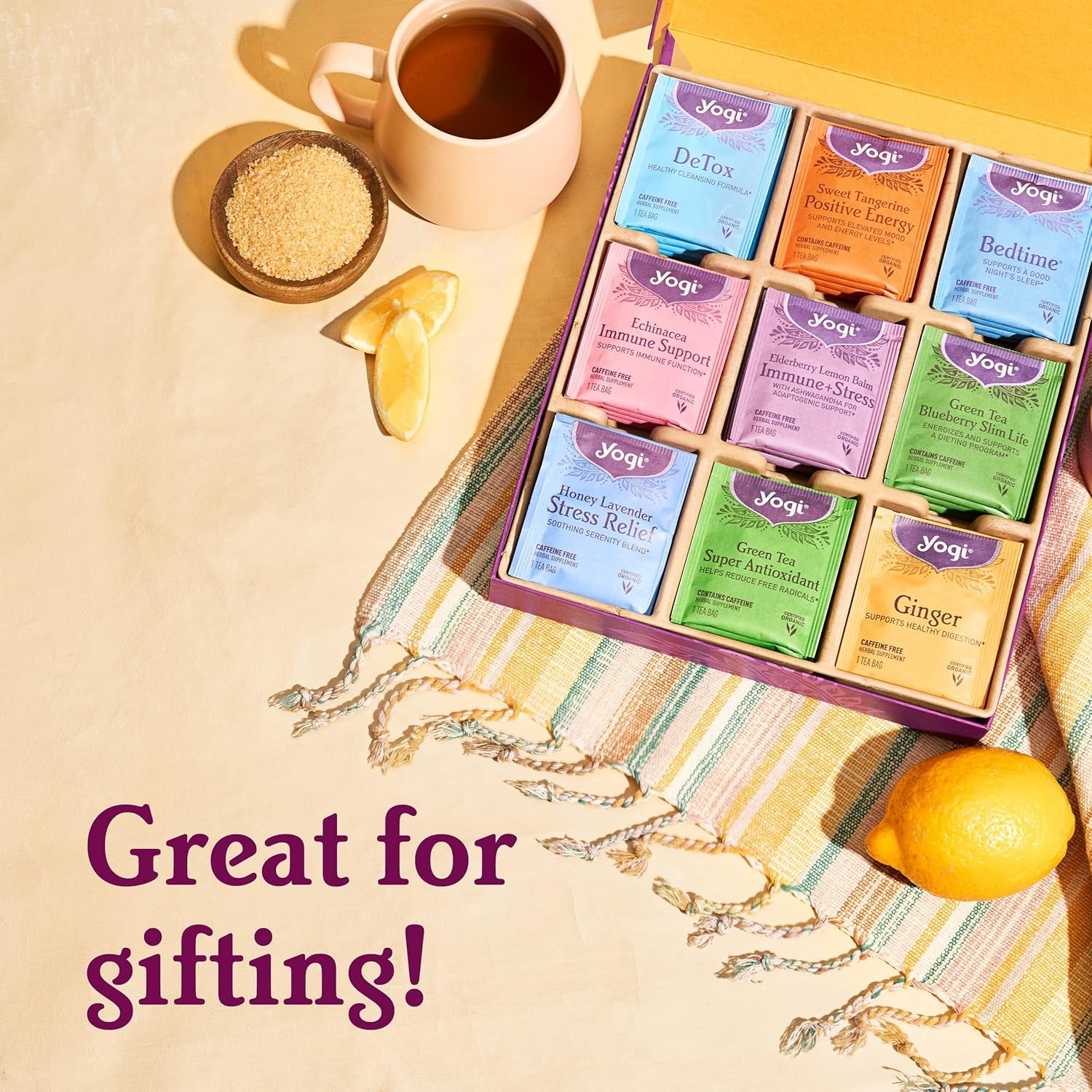 Yogi Organic Tea Sampler Gift Box, Assorted Wellness Teas, 45 Tea Bags, 9 Flavors