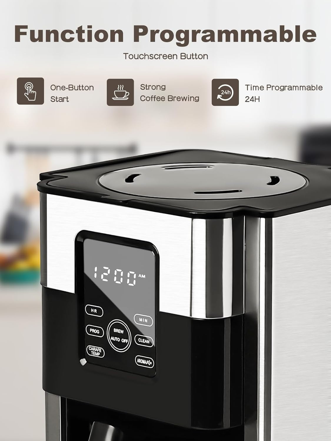 Programmable coffee maker, 12 cup coffee machine, stainless steel coffee maker, LCD touch screen coffee maker, anti-drip coffee machine