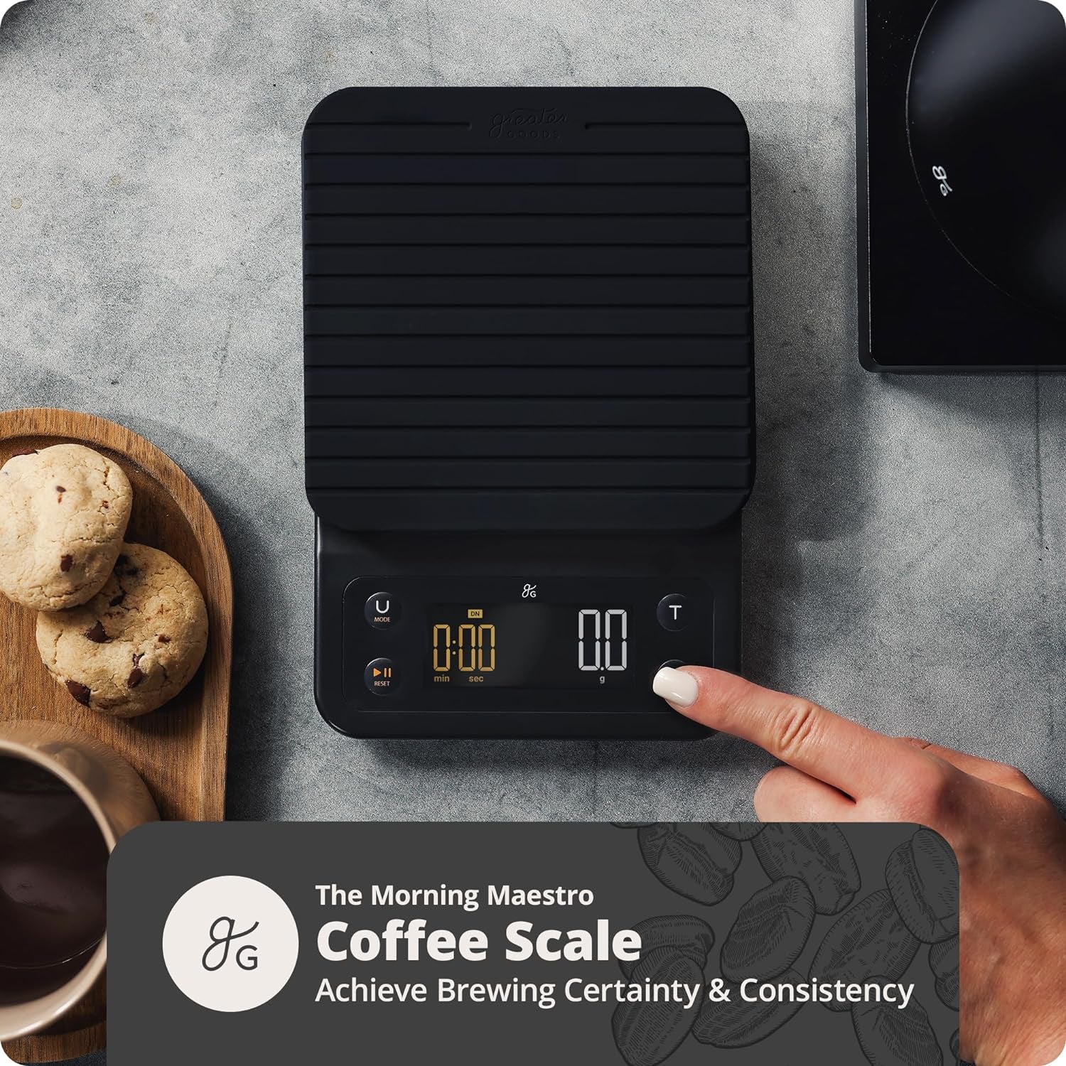 Digital coffee scale with timer in onyx black, perfect for pour-over coffee, featuring real-time refresh, tare function, and spill-proof design.