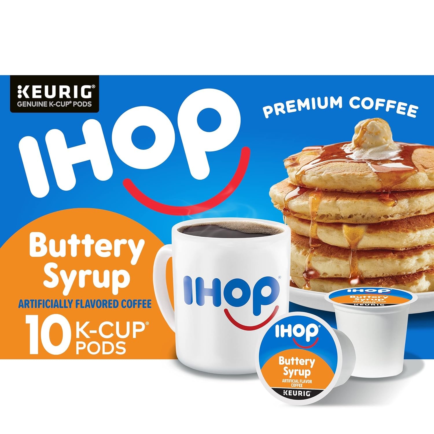 IHOP Buttery Syrup Keurig K-Cup Coffee Pods, IHOP coffee pods 10 count box, buttery syrup flavored coffee pods, IHOP syrup coffee, recyclable coffee pods, premium Arabica coffee pods, IHOP pancake inspired coffee, single-serve Keurig coffee pods, Kosher certified coffee pods, IHOP menu-inspired coffee